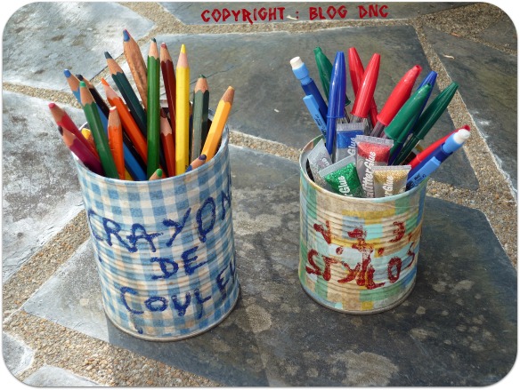 Pots à crayons récup boîte de conserve décopatch paillettes
